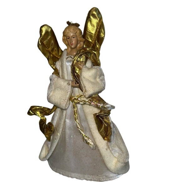 Vintage Gold Wing Angel Tree Topper White Velvet Gown Classic Christmas Angel - Picture 1 of 10